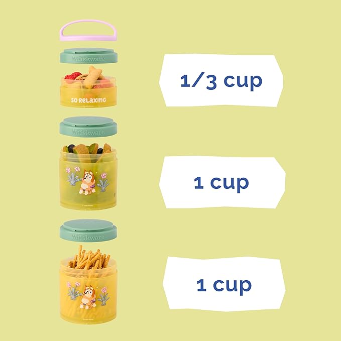 Whiskware Bluey Stackable Snack Containers for Kids and Toddlers, 3 Stackable Snack Cups for School and Travel, Bluey and Bingo, So Relaxing!