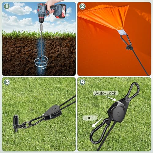 Tinnmao 8-Pack 17.7" Tent Stakes Heavy Duty, with 8" Ratchet Tie Down Straps (1/8" φ) Kit for High Wind, 8mm Solid Steel Spiral Ground Anchors Screw in for Tarp | Canopy | Sand Beach Camping Tent - size: 8 Pack