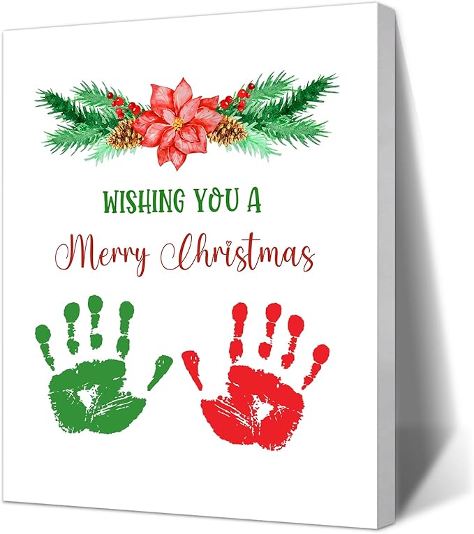 SHLINCO Handprint Keepsake DIY Kit, Baby's First Christmas Keepsake, Winter Decoration, Family Footprint Art for Kids, 7.8x9.8 Inch Canvas, Suitable For Desktop Wall Ornaments