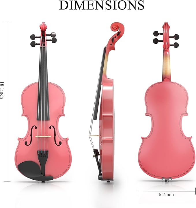 1/4 Beginner Violin Kit, Complete Violin Set with Case, Bow, Rosin, Pink