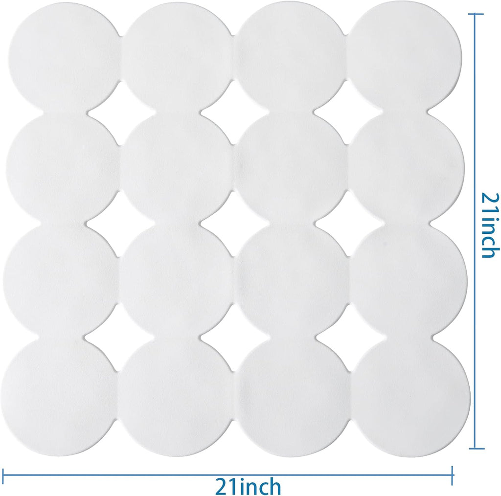 Square Shower Mat Nonslip - Rubber Bathtub Mat with Suction Cups for Inside Shower Bathroom Floor (White, 21X21”)