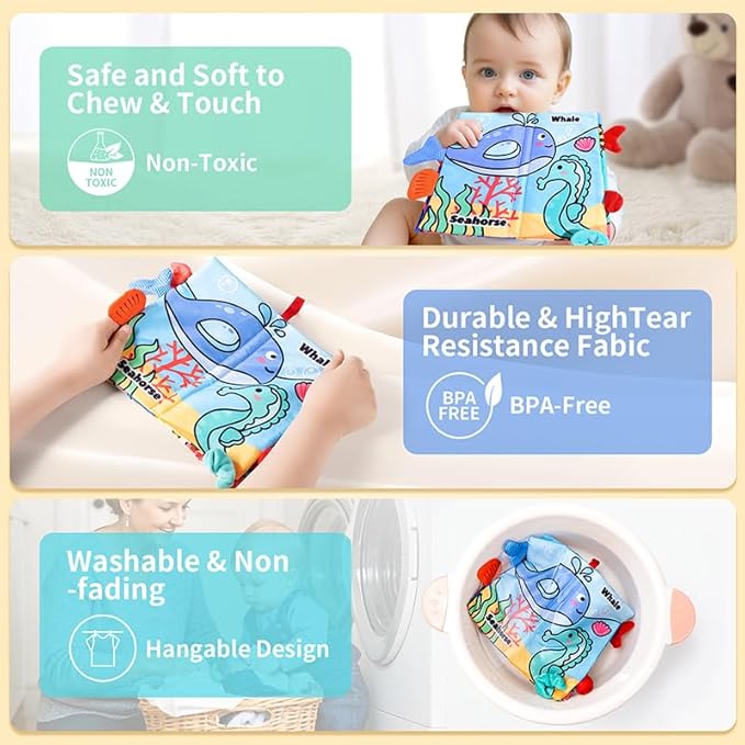 Baby Books 0-6 Months, 2PCS Crinkle Books for Babies, Touch and Feel Sensory Books for Babies, Infant Toys 0-6 Months, Soft Fabric Toy Shower Gift, Baby Crinkle Book - 4 Page Blue