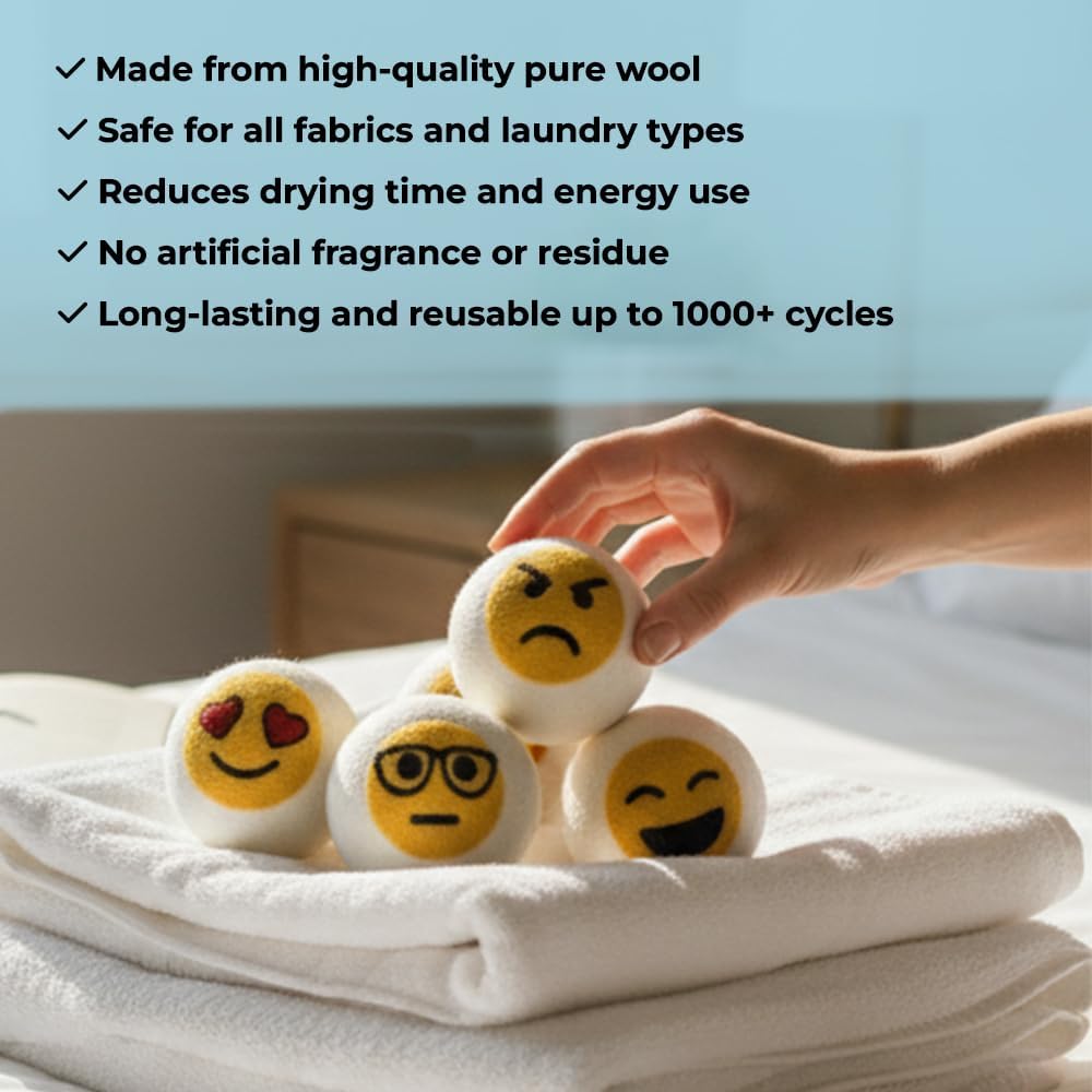 Ezhippie Quality Wool Dryer Balls - 6 XL Emoji Pack - 1000+ Loads - Pure Organic Wool - Reusable Natural Fabric Softener Perfect with Essential Oils, Reduce Clothing Static and Wrinkles