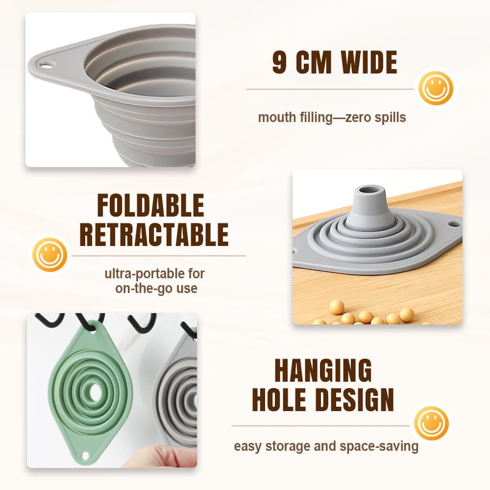 Kitchen Funnel Set 3 Pack, Collapsible Silicone Funnels for Filling Water Bottles & Small Bottles | Food-Grade, Easy Clean & Space-Saving (Gray)