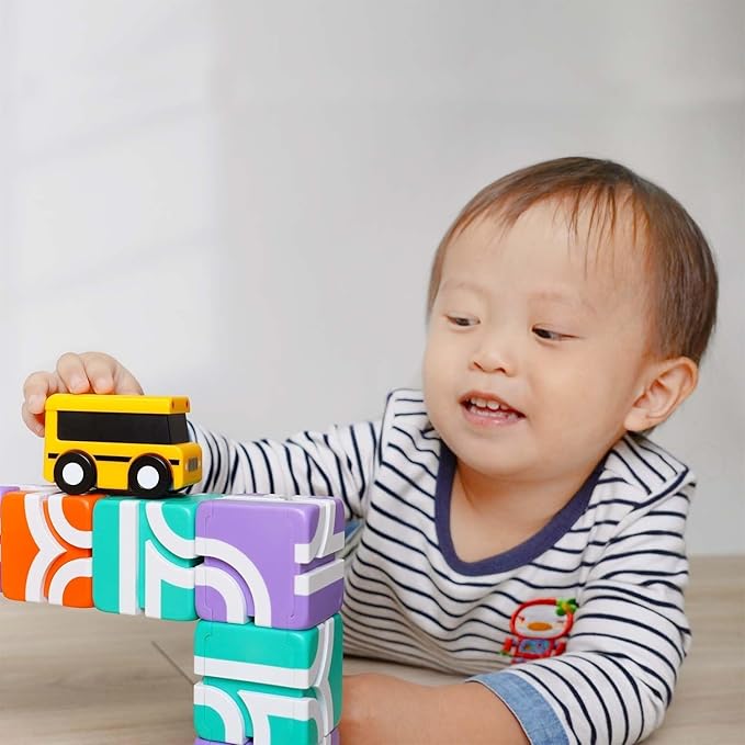 QBI Magnetic Blocks STEM Toys for Toddlers Aged 1+ Year Old Boys & Girls｜3D Colorful Magnetic Building Blocks with School Bus｜Magnet Block for Kids｜Educational & Montessori Preschool Kids Toy (13PCS)