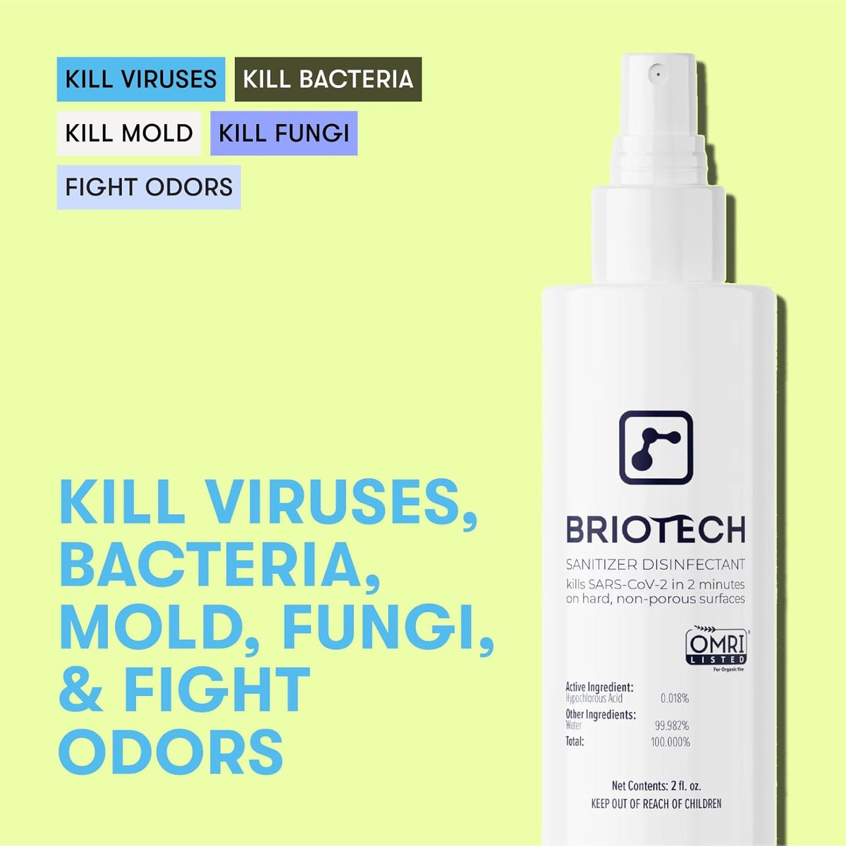 BRIOTECH Sanitizer Disinfectant Hypochlorous Spray, Kill 99.99% of Viruses & Bacteria, Control Mold, Eliminate Odor, Gentle for Nursery & Play Rooms, Food Contact Surface Sanitizer, 8 fl oz