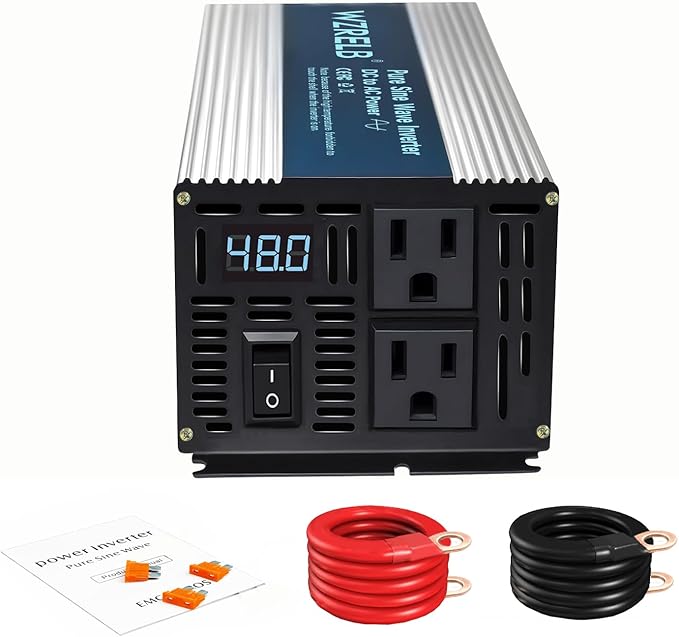 WZRELB 600W Pure Sine Wave Inverter 48V DC to 110V 120V AC Power Converter with LED Display, Off-Grid Portable Power Inverter with 2 AC Outlets for Home, RV, Truck, Camping