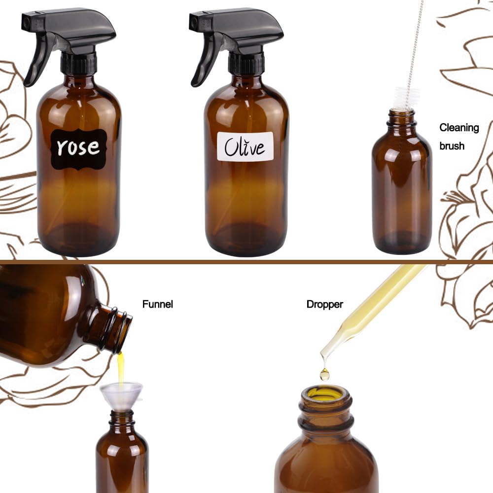 Glass Spray Bottle Kit×10 (2×16oz, 2×4oz, 6×2oz), 9×10ml Roller Bottles, Anti UV, Multi Size and Versatile, Suitable for Aromatherapy, Facial Moisturizing, Watering, etc.(Amber)