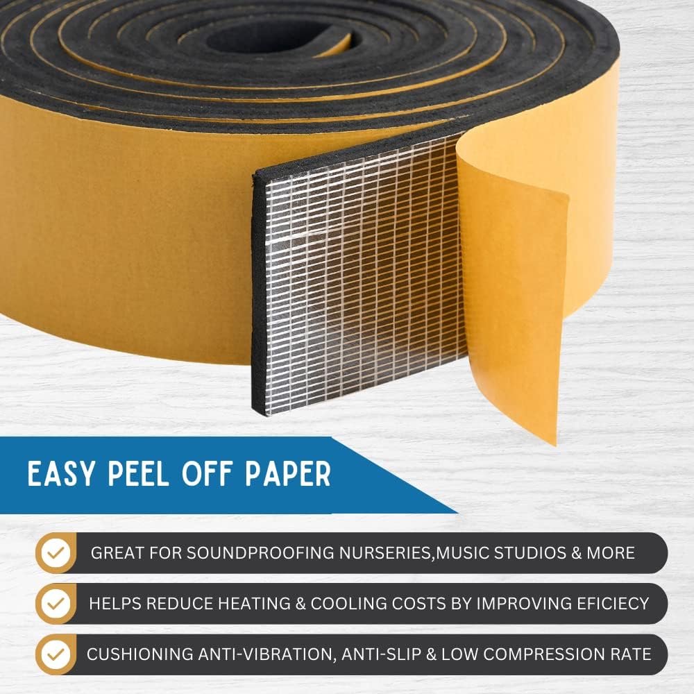 High Density Foam Weather Stripping Door Seal Strip Insulation Tape Roll for Insulating Door Frame, Window, Air Conditioner | Self Adhesive Sealing Weatherstrip (4 in x 1/4 in x 10 Ft, Black)