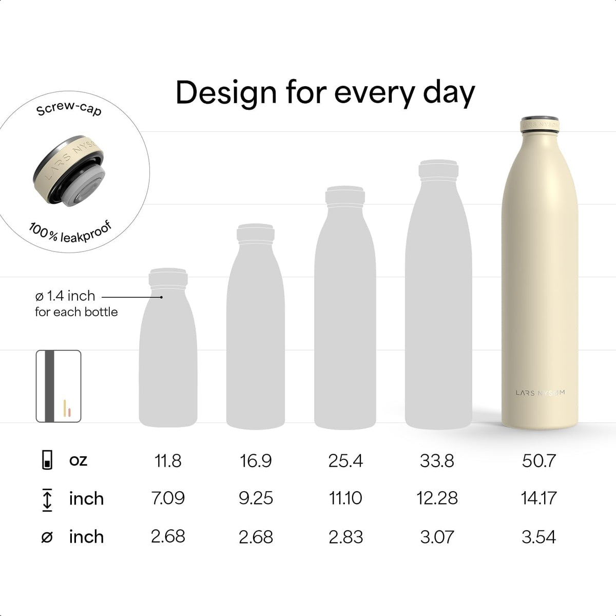 LARS NYSØM Stainless Steel Insulated XL Water Bottle 12oz 17oz 25oz 34oz 51oz | Insulated Thermo Flask for Hot and Cold Beverages | Leakproof Drinking Bottle (Taupe Brown, 50.7 oz)