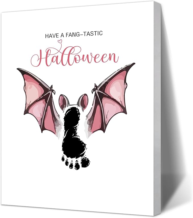 SHLINCO Baby's First Halloween Handprint Kit - Spooky Keepsake Gift with Bat Design, 7.8x9.8 Inch Canvas Photo Prop and Footprint Art for Desktop Decor, Halloween Baby Keepsake Gift