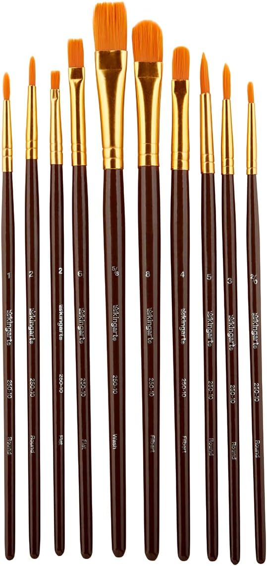 KINGART 10-Piece Paint Brushes, Acrylic Painting Brush Set, Watercolor Brushes, Acrylic Brushes for Oil Watercolor, Nail Miniature Detailing, and Rock Painting