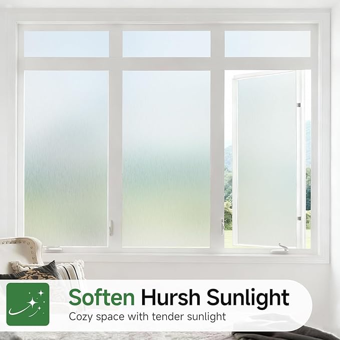 Borsky Frosted Glass Window Film - Static Cling, 96% UV Blocking Non-Adhesive Privacy Window Film, Removable Window Cling with Day & Night Privacy for Bathroom Home Office, 35.4 x 118.1 Inches, Pure