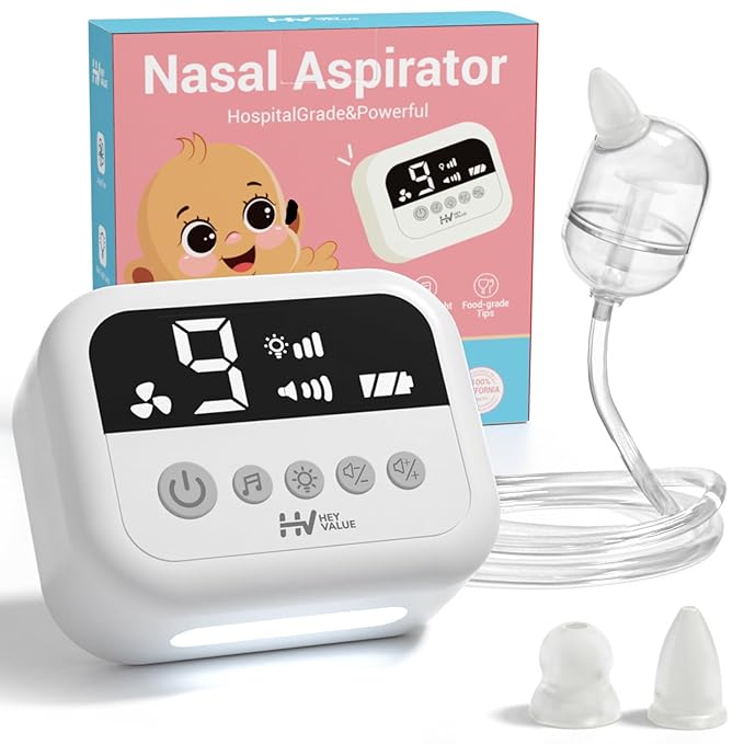 HEYVALUE Nasal Aspirator for Baby, Hospital Grade Nose Sucker with 9 Levels Suction, Night Light and Nursery Rhyme Soothing Function, Electric Nose Suction for Baby with Food-Grade Silicone Tips