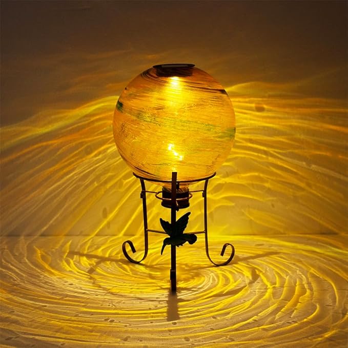 10" Diameter Solar Gazing Ball and 8.5" Metal Stand Indoor Outdoor Garden Ornament Glass Globe Sphere Yard Art Gazing Globe for Garden,Home,Lawn,Porch,Patio Birthday Gift for Women(Orange)