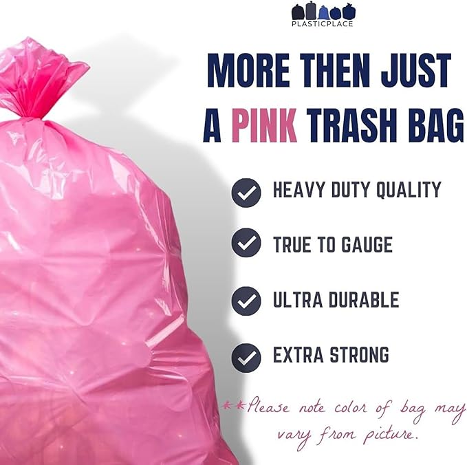 Plasticplace 32-33 Gallon Trash Bags │ 1.5 Mil │ Pink Garbage Can Liners │ 33’” x 39” (100 Count)