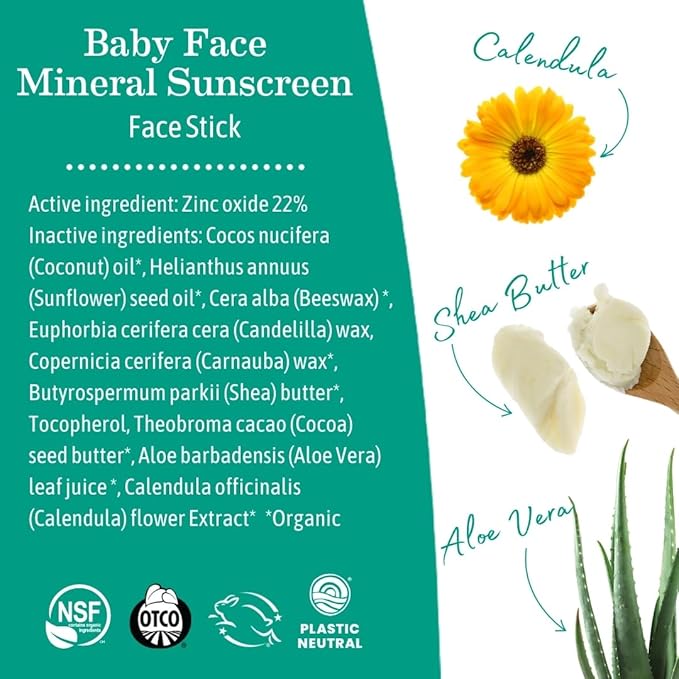 Earth Mama Baby Face Mineral Sunscreen Stick SPF 40 | Non-Nano Zinc, Natural Water Resistant Sun Cream for Babies, Kids & Adults 0.74-Ounce, 3-Pack