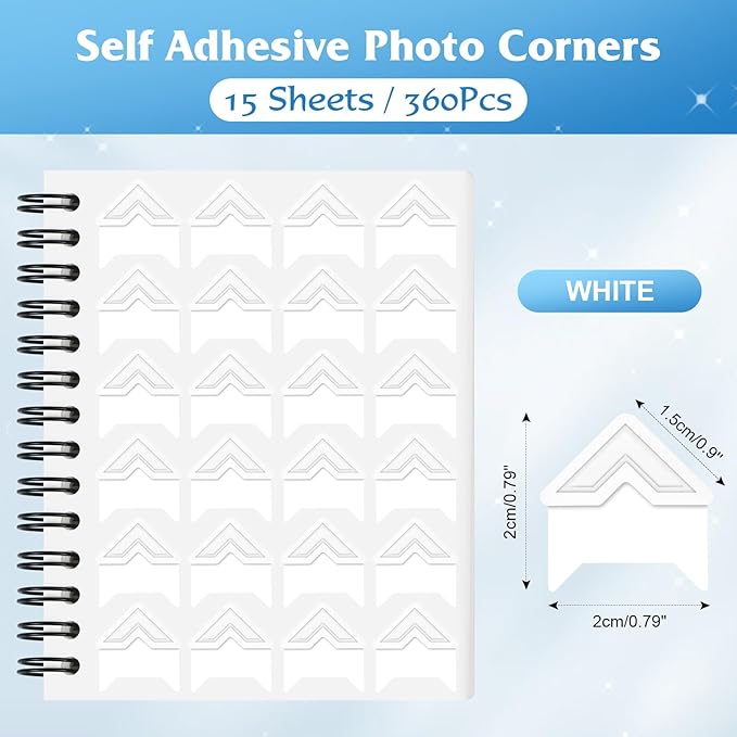 15 Sheets 360 PCS White Acid-Free Photo Corners Notebook, Self-Adhesive Photo Corners for DIY Photo Album Journal, Photo Corner Stickers for Trip Journal Memory Book
