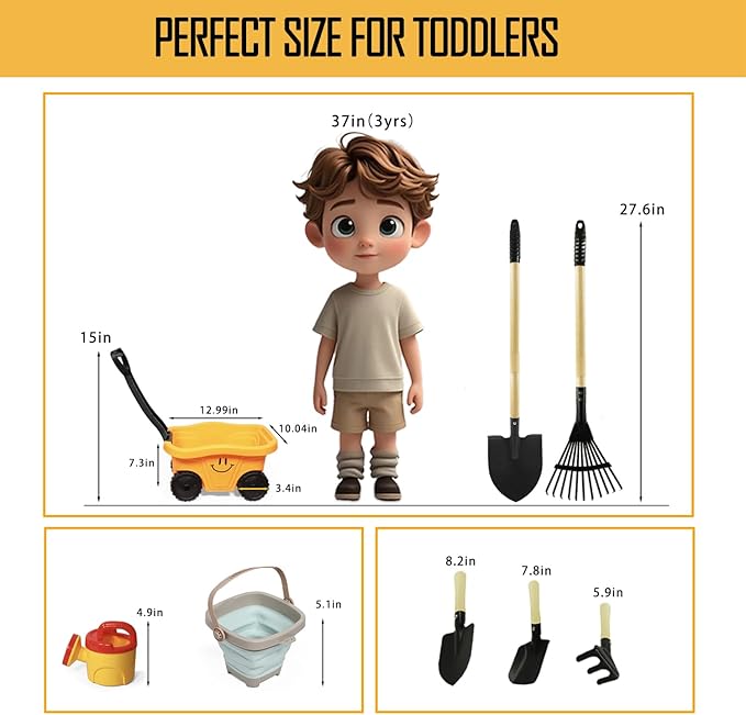 Kids Gardening Tools Set, 8 Pieces, Wagon with Beach and Garden Tools, Shovel, Rake, Outdoor Toys for Kids 3-4 Years Old