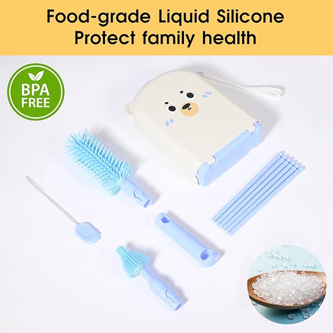 Portable Baby Bottle Brush Set - 7 in 1 Baby Bottle Cleaner Kit, Baby Travel Essential Bottle Washing Kit with Silicone Bottle Brush, Nipple Brush, Straw Brush, Drying Rack for Home and Travel (Blue)