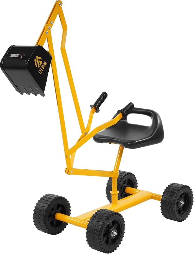 Elevon Sand Digger Kids Rolling Excavator Ride On Toy, Beach Toys Outdoor Sandbox Toy Digger, Steel Excavator Crane Rotates 360 with 4 Wheels, Sand Toys Backyard Sandbox, Dirt and Snow - Yellow