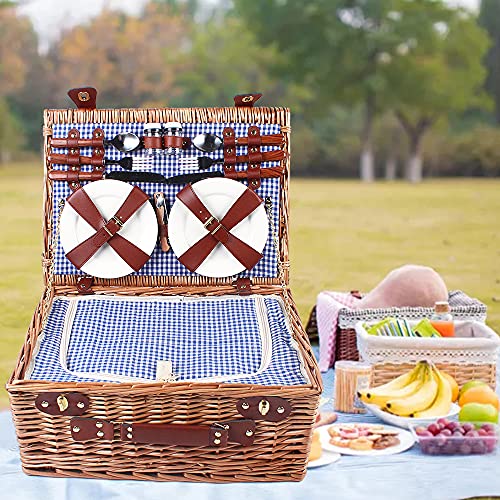 4 Person Picnic Basket, 19 Set Vintage Wicker Basket Picnic Ware Set for 4 Willow Hamper Ware Set