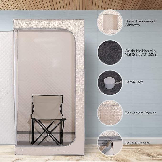 Smartmak Portable Home Steam Sauna, Full Size Personal Sauna Spa Box, Single Saunas Tent with Steamer, 4L 1500W Steam Generator 99 Min Timer, Remote Control, Upgraded Foldable Chair, Mat, Champagne