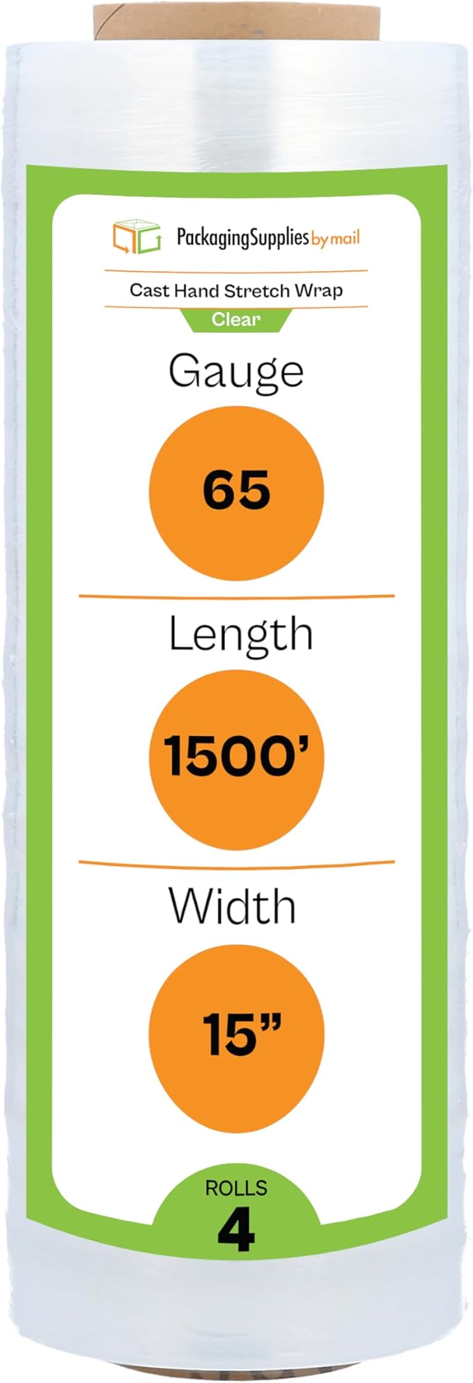 PSBM Stretch Wrap, 4 Pack, 15 Inch x 1500 Feet, 65 Gauge, Clear Plastic Cling, Cast Hand Stretch Film Rolls for Packaging Moving Packing Pallets