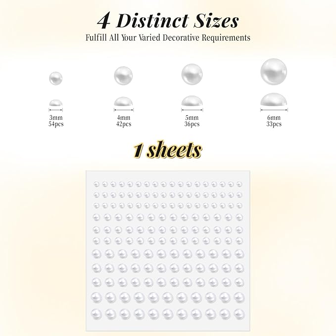 Pearl Stickers Self Adhesive Hair Pearls Gem White Jewel Sticker for Making Hair Decor Face,Body, Nail, Phone Art Craft Scrapbooking Embellishments Assorted Size 3mm/4mm/5mm/6mm (165)