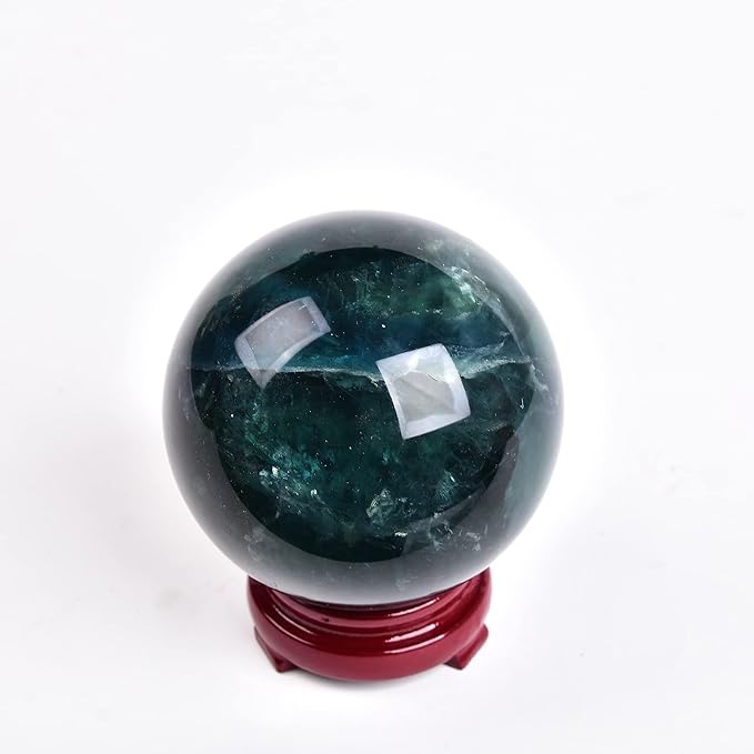 JIC Gem Big Green Quartz Crystal Ball Green Fluorite Healing Gemstone Sphere with Decorative Wooden Stand for Meditation,Home Decoration (80-90mm)