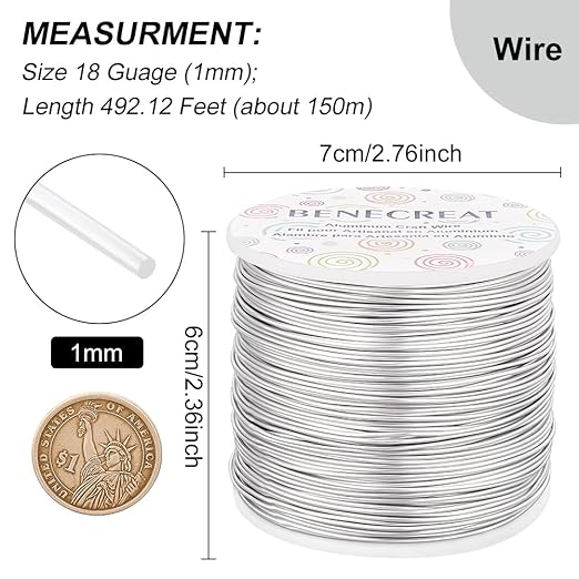 BENECREAT 12 17 18 Guage Aluminum Wire (18 Gauge,492 FT) Anodized Jewelry Craft Making Beading Floral Colored Aluminum Craft Wire - Silver
