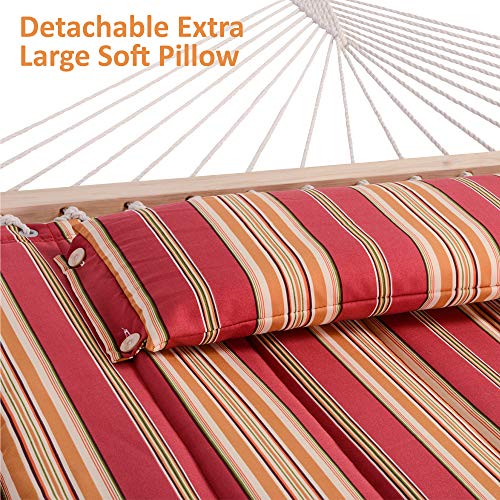 SUNCREAT Outdoor Hammock with Stand, Two Person Quilted Fabric Hammock Swing with Adjustable Wooden Stand, Red Stripes - color: Quilted-red Stripes