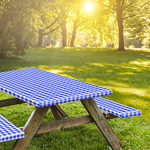 8ft Picnic Table and Bench Cover, Camping Essentials RV Gear, 96 in Waterproof Windproof Outdoor Elastic All Around Tablecloth, Fitted Rectangle Tables and Seats, Blue-White Checkered - color: Blue-white Checkered, size: 96"