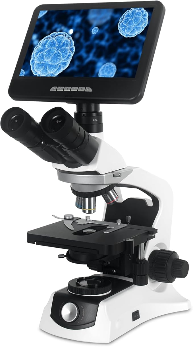 [Infinity-Corrected] Trinocular Compound Microscope with 10" 24MP Monitor, 40-1000X Magnification, Infinity Achromatic Objectives FL10X Eyepieces,Large Mechanical Stage, One-click taking photo & video