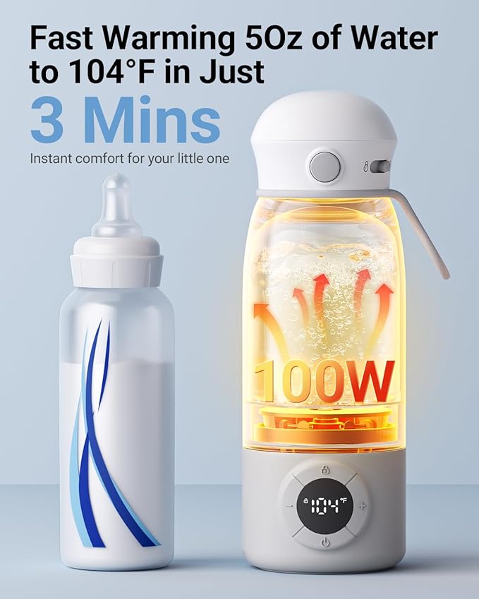 Bear Portable Bottle Warmer for Travel, Milk Warmer for Breastmilk Formula, 17oz Large Capacity Water Warmer with Precise Temp Control, Fast Heating&Long Battery for Travel Car Airplane