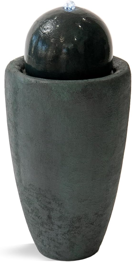 XBrand 25.98" H Round Stone Indoor/Outdoor Modern Stone Textured Sphere Water Fountain w/LED Lights, Ball Fountain Decor, Dark Green