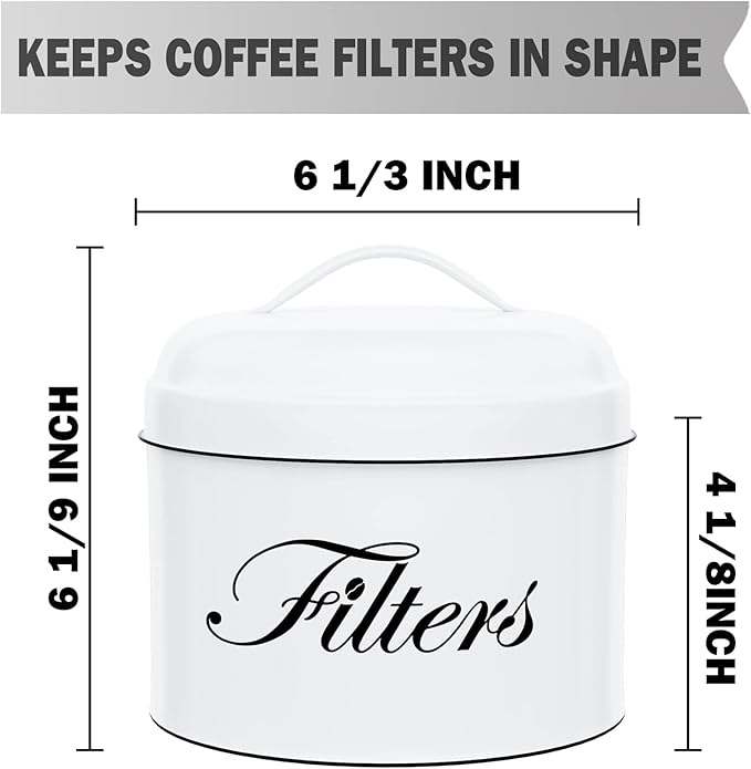 Coffee Filter Holder, White Basket Coffee Filter Storage with Lid, Round CoffeeFilter Container for Counter, Rustic Farmhouse Coffee Bar Accessories Decor (White)