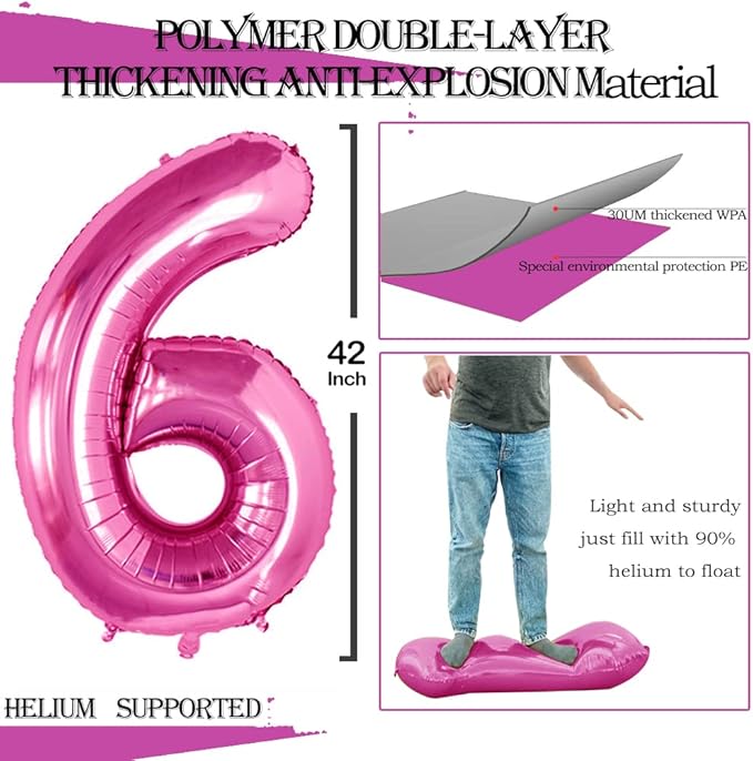 GOER Hot Pink Foil Balloons Number 6,Huge Number Balloons for 6th Birthday Party Supplies Anniversary Decorations(3 pcs,42 inch,32 inc,16inch)