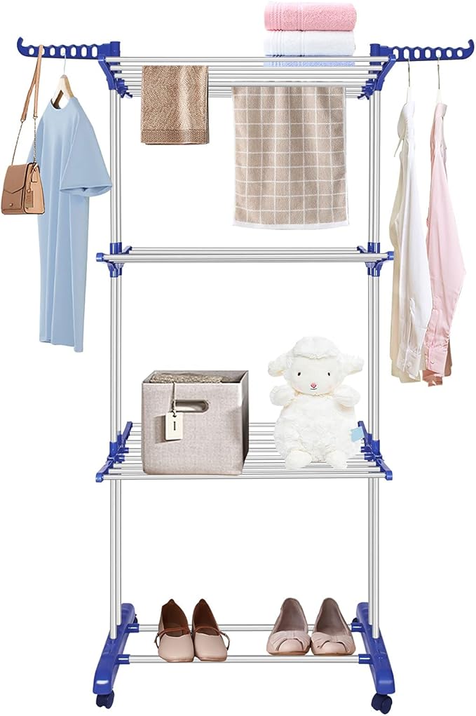 Bigzzia Clothes Drying Rack, Folding Stainless Steel Drying Rack Clothing Indoor Outdoor, Space-Saving, 4 Tier Laundry Drying Rack with Two Side Wings Grey Blue