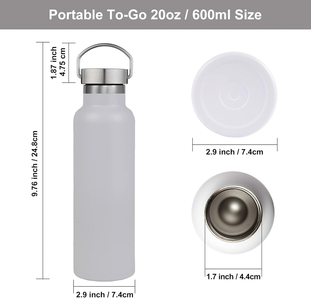 Neihepal 20 oz Insulated Water Bottles Bulk 2 Pack,Stainless Steel Double Wall Sport Bottle with Lid of Handle,Metal Reusable Thermoses Flask with Cup Cap for School,Cyclists,Gift (White,Set of 2)