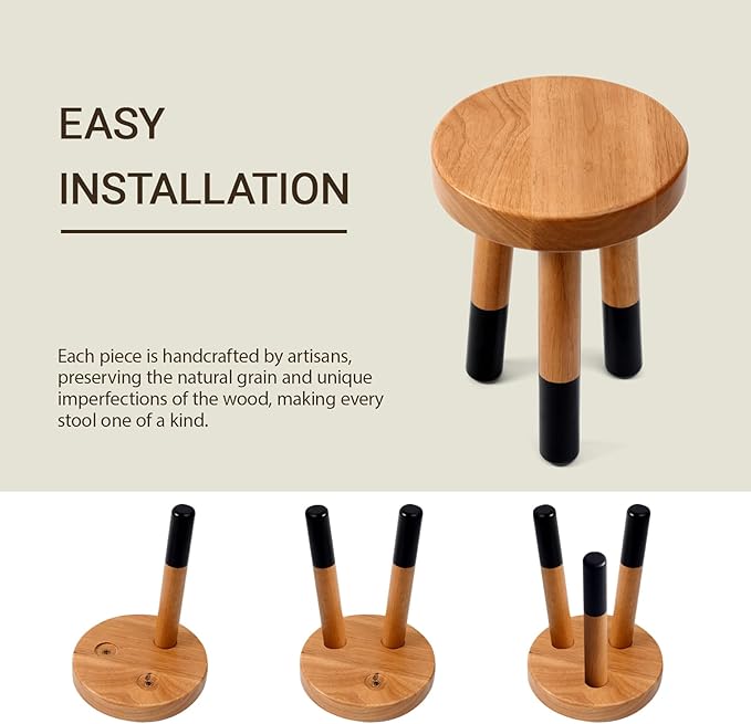 Rubber Wood 9" Round Plant Stand |Dip Dyed Black Stool, Wood Riser |Milking Stool (12" H)