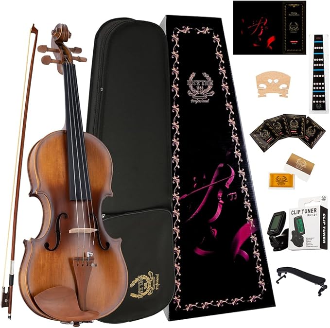 Rhythm Violin Set for Beginners,Acoustic Violins Starter Kit Package for Student,Beginners Fiddle with Hard Case, Rosin, Shoulder Rest, Bow, and Extra Strings (MATTE, Full)