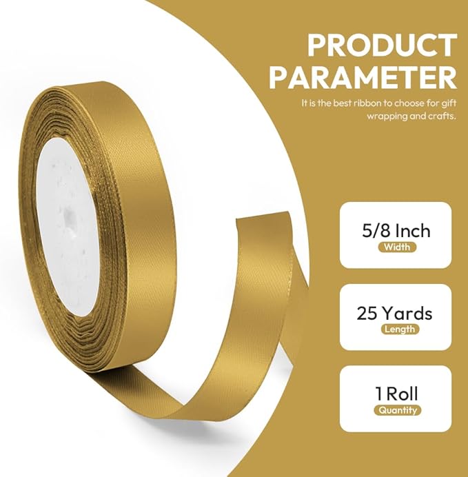 5/8" x 25 Yards Satin Ribbon, Dark Gold Silk Ribbon Ideal for Gift Wrapping, Floral Bouquets, Crafts, Wedding Party Decorations, Christmas and Sewing Projects