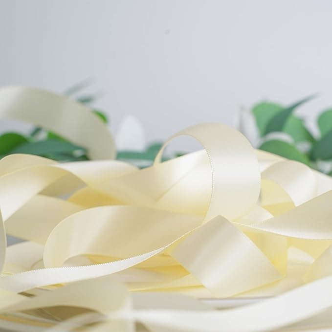 HUIHUANG Cream Ribbon 1 inch x 50 Yards Ivory Double-Faced Polyester Silk Satin Ribbon for Gift Wrapping, Wedding Invitations, Hair, Bows Making, Holiday Decor, Floral Arrangement