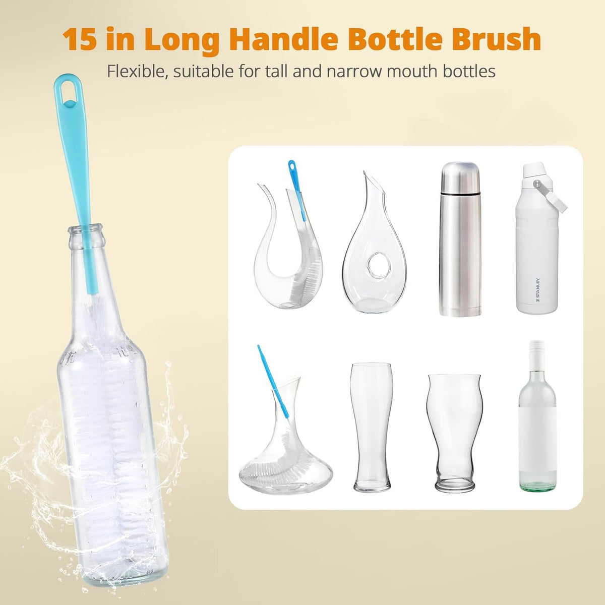 OUTXE 5 Pack Bottle Brush Set, 5-in-1 Water Bottle Cleaner Brush, 15"" Long Handle Bottle Cleaning Brush, 3 Straw Brush, Removable Nipple Brush, Detail Brush for Cup Lid Gap, WBBSBLB5