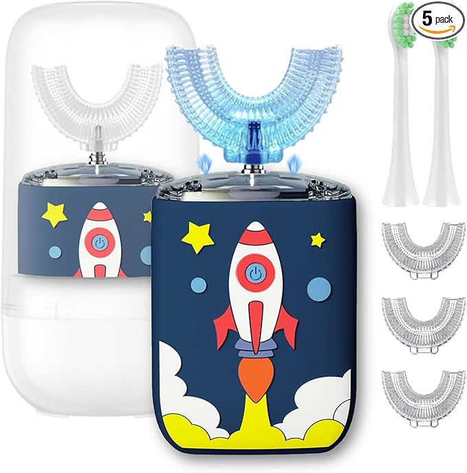 Kids U Shaped Electric Toothbrush Ultrasonic Automatic Brush with 5 Brush Head Rinse Cup 6 Clean Modes IPX7 Waterproof Whole Mouth Rechargeable Smart Timer Toothbrushes for Children Age 8-14