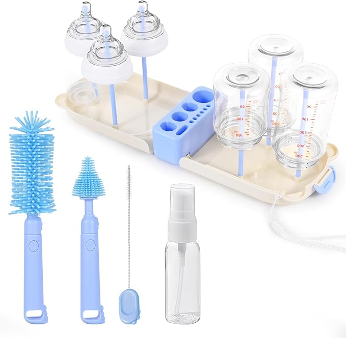Portable Baby Bottle Brush Set - 7 in 1 Baby Bottle Cleaner Kit, Baby Travel Essential Bottle Washing Kit with Silicone Bottle Brush, Nipple Brush, Straw Brush, Drying Rack for Home and Travel (Blue)