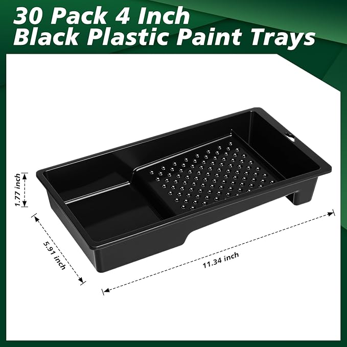 Ripeng 30 Pack 4 Inch Paint Tray Bulk Plastic Paint Roller Tray Small Painting Pan with Deep Pocket and Textured Ridge Reusable Trays Suitable for 4" Painting Rollers for Home Wall Decor(Black)