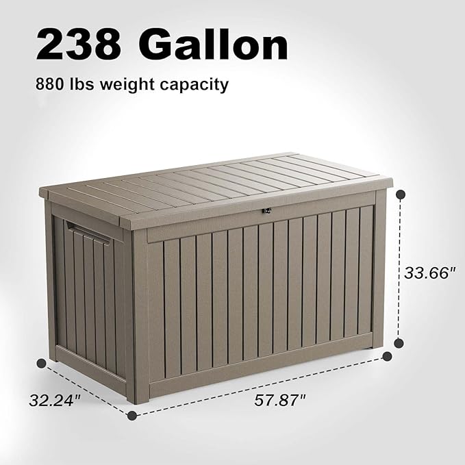 230 Gallon Outdoor Deck Box,Storage Lockable Waterproof Patio Furniture,Garden Tools,Cushions,Pool Accessories Outside Storage Resin Box(Grey)