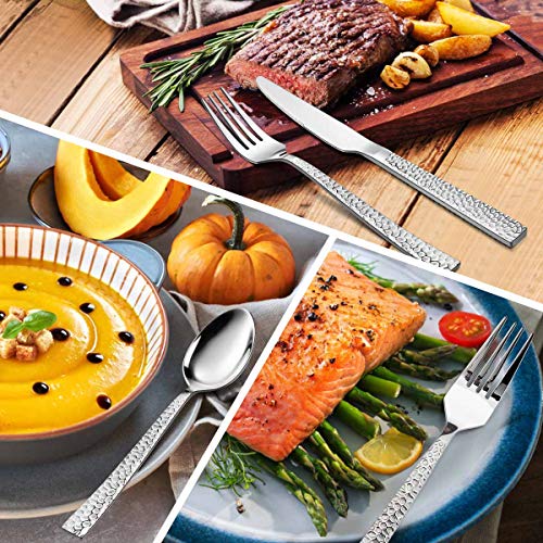 E-far 10-Piece Hammered Silverware Set, Stainless Steel Square Flatware Set Service for 2, Tableware Cutlery Set Includes Forks Spoons Knives, Modern Design & Mirror Polished - Dishwasher Safe - size: 10-Piece for 2